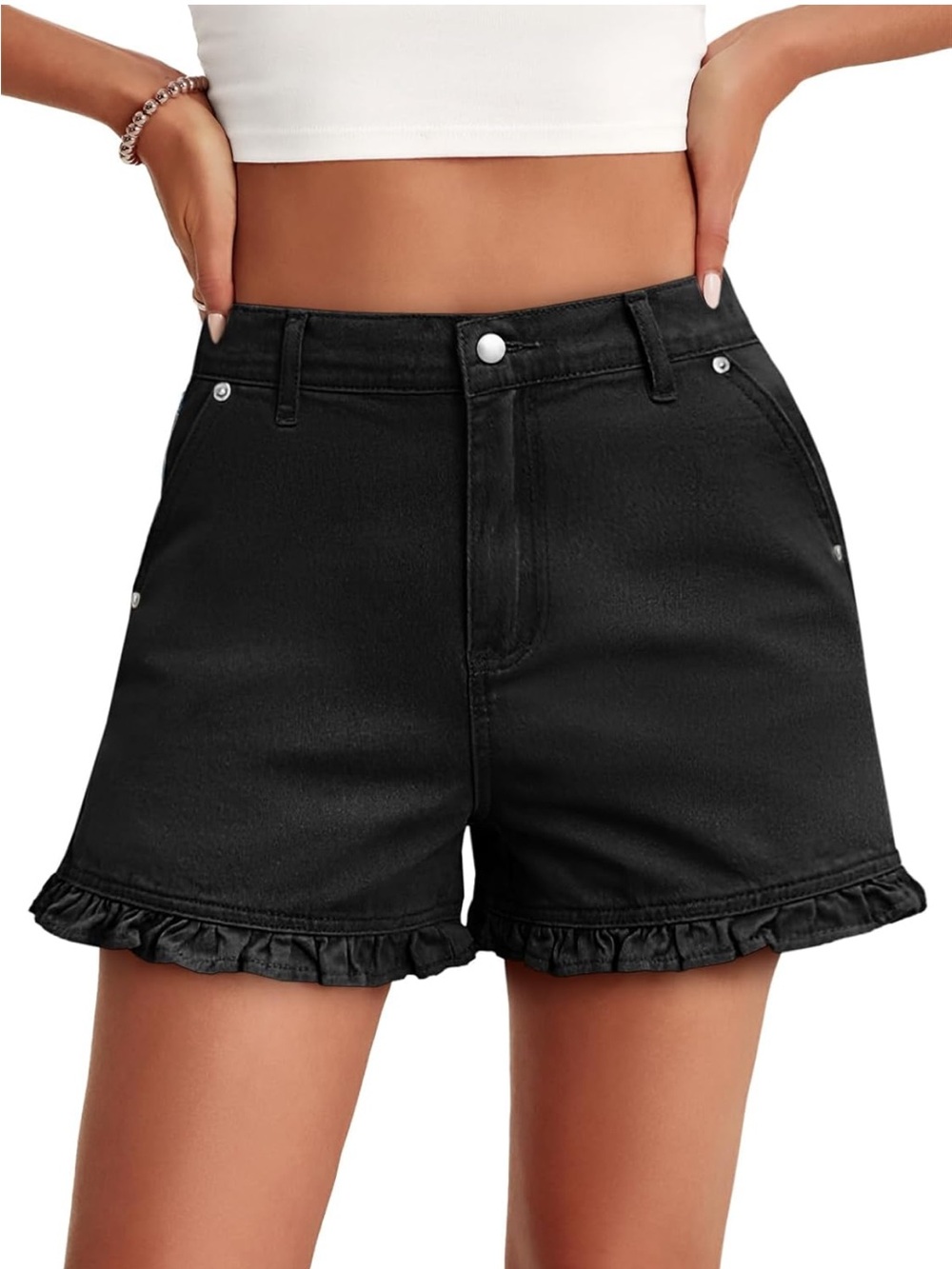 Women’s Casual Denim Ruffle Hem Shorts. Size 10. Black.